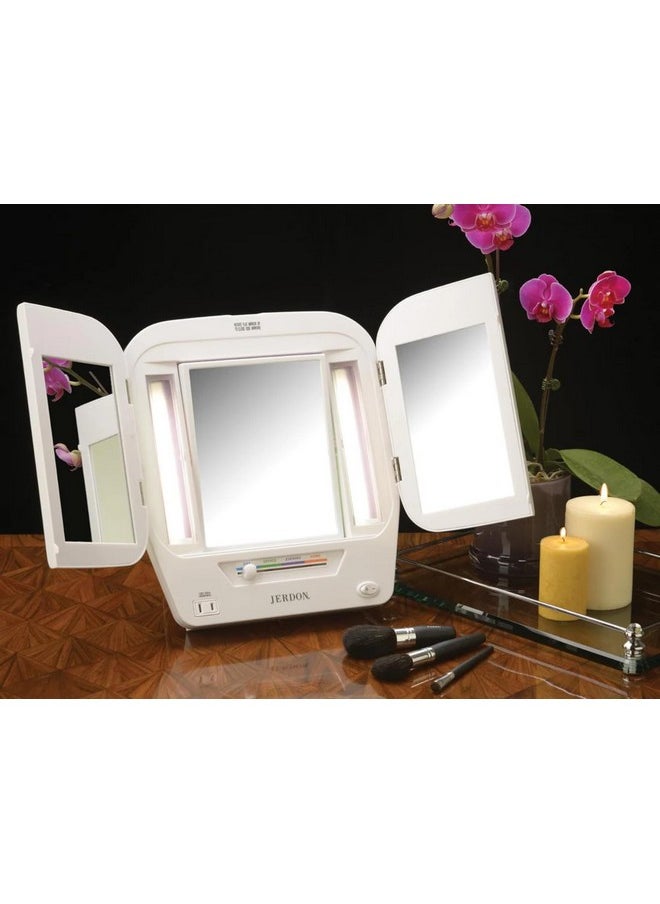 JERDON Modern Tri-Fold Makeup Mirror with Lights - Vanity Mirror with 5X Magnification & Multiple Light Settings - White Base - Model JGL10W