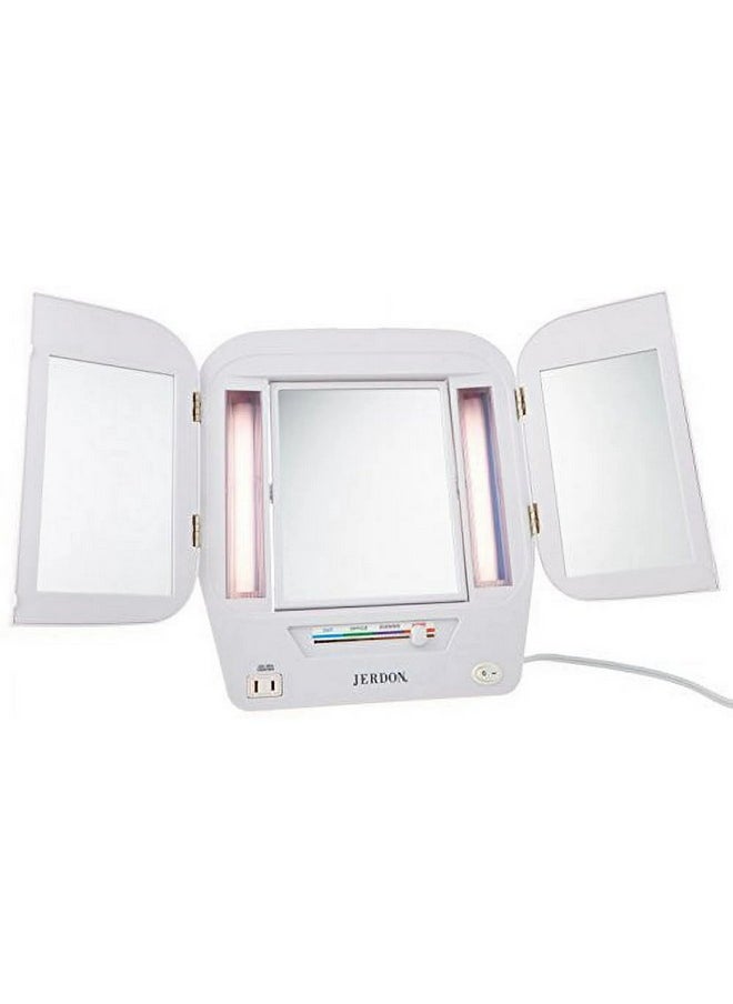 JERDON Modern Tri-Fold Makeup Mirror with Lights - Vanity Mirror with 5X Magnification & Multiple Light Settings - White Base - Model JGL10W