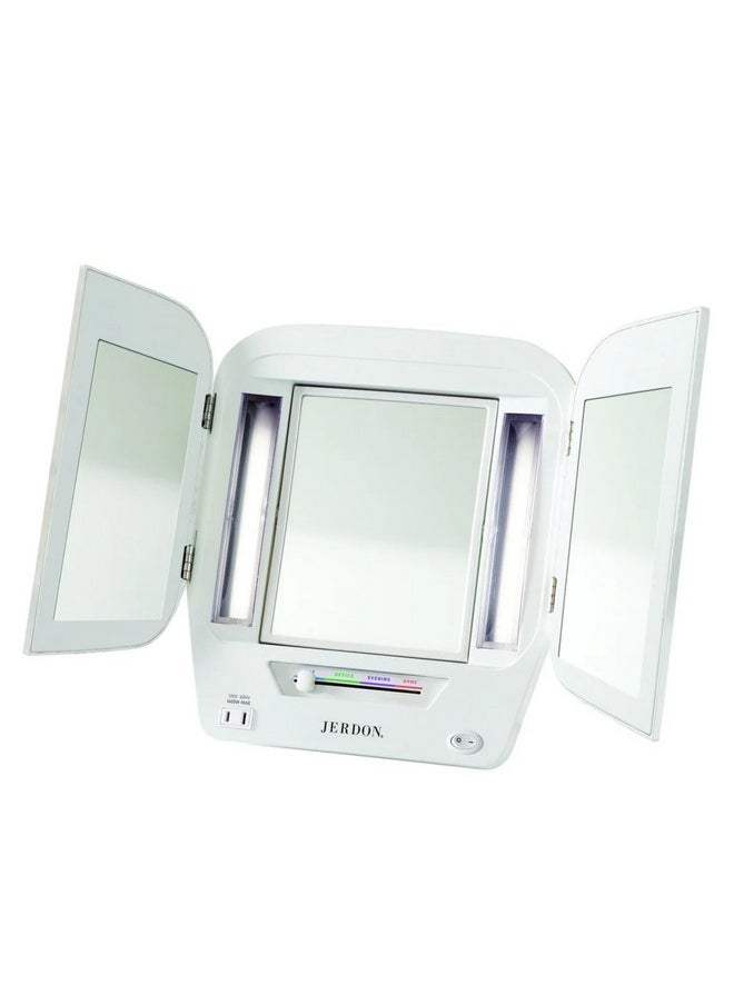 JERDON Modern Tri-Fold Makeup Mirror with Lights - Vanity Mirror with 5X Magnification & Multiple Light Settings - White Base - Model JGL10W