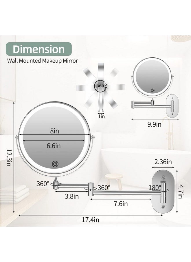 Rechargeable Wall Mounted Lighted Makeup Vanity Mirror 8 inch 1X/10X Magnifying Bathroom Mirror with 3 Color Lights, Double Sided with Dimmable LED Lights, Extended Arm 360° Swivel Extension Mirror