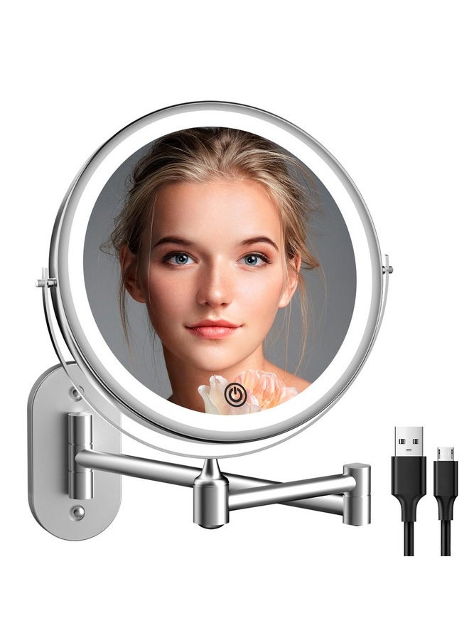 Rechargeable Wall Mounted Lighted Makeup Vanity Mirror 8 inch 1X/10X Magnifying Bathroom Mirror with 3 Color Lights, Double Sided with Dimmable LED Lights, Extended Arm 360° Swivel Extension Mirror