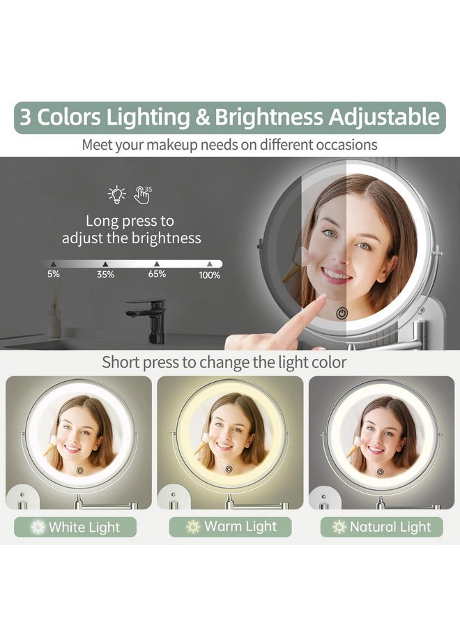 Rechargeable Wall Mounted Lighted Makeup Vanity Mirror 8 inch 1X/10X Magnifying Bathroom Mirror with 3 Color Lights, Double Sided with Dimmable LED Lights, Extended Arm 360° Swivel Extension Mirror