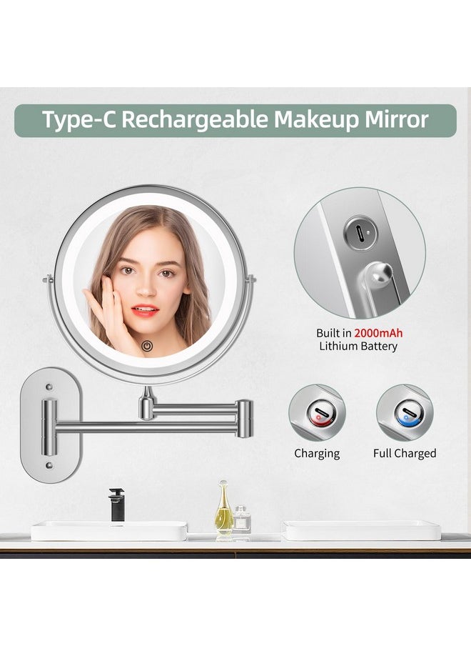 Rechargeable Wall Mounted Lighted Makeup Vanity Mirror 8 inch 1X/10X Magnifying Bathroom Mirror with 3 Color Lights, Double Sided with Dimmable LED Lights, Extended Arm 360° Swivel Extension Mirror