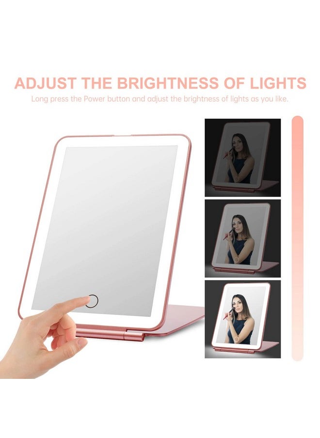 LED Foldable Travel Makeup Mirror - 5x7 inches 3 Colors Light Modes USB Rechargeable Touch Screen, Portable Tabletop Cosmetic for Travel, Cosmetic, Office (Rose Gold)