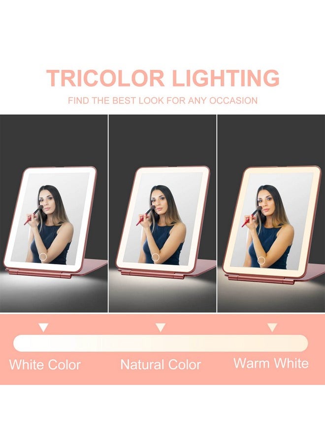 LED Foldable Travel Makeup Mirror - 5x7 inches 3 Colors Light Modes USB Rechargeable Touch Screen, Portable Tabletop Cosmetic for Travel, Cosmetic, Office (Rose Gold)