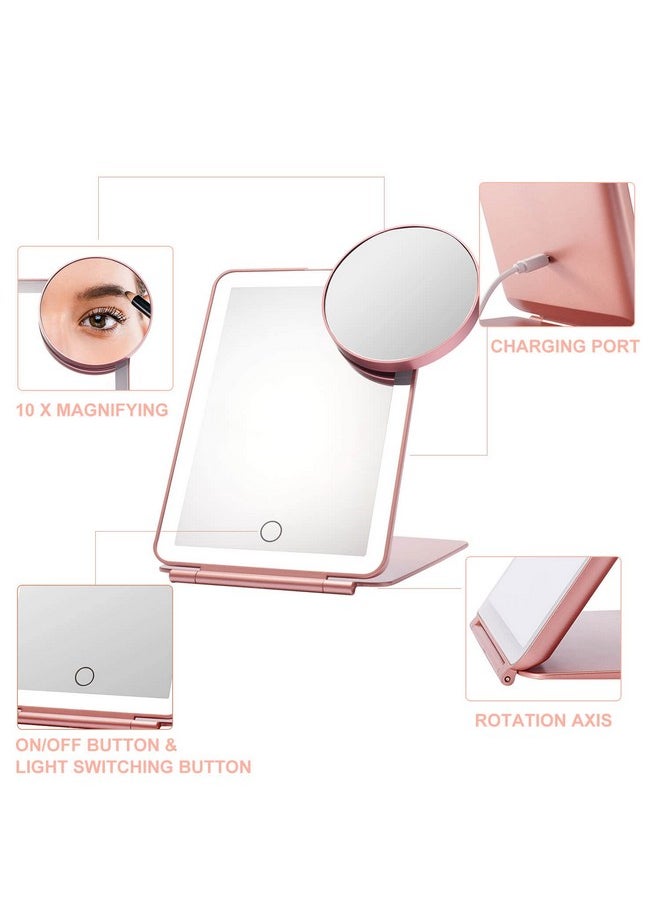 LED Foldable Travel Makeup Mirror - 5x7 inches 3 Colors Light Modes USB Rechargeable Touch Screen, Portable Tabletop Cosmetic for Travel, Cosmetic, Office (Rose Gold)