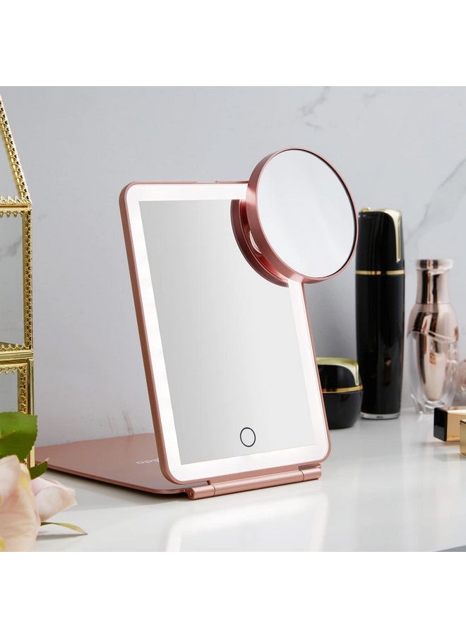 LED Foldable Travel Makeup Mirror - 5x7 inches 3 Colors Light Modes USB Rechargeable Touch Screen, Portable Tabletop Cosmetic for Travel, Cosmetic, Office (Rose Gold)