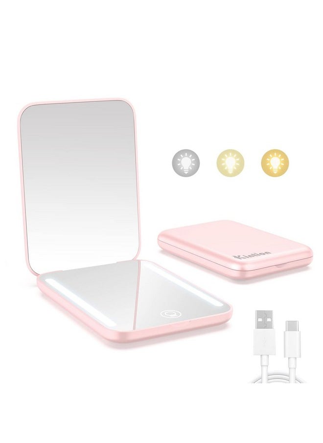 Kintion Rechargeable Pocket Mirror, Double Sided 1X/3X Magnification Compact Vanity Mirror, 3 Color Lights, Dimmable, Small Portable Wallet Mirror, Lighted Travel Mirror for Women Gifts, Pink