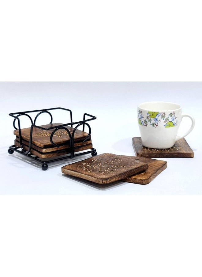 StonKraft Wooden Tea Coffee Coasters/Rustic Vintage Look Coasters Set with Wrought Iron Holder