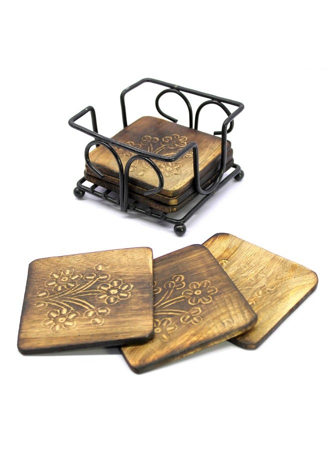 StonKraft Wooden Tea Coffee Coasters/Rustic Vintage Look Coasters Set with Wrought Iron Holder