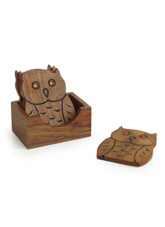 ExclusiveLane 'An Owlsome Day' Décor Wooden Hand Carved Dinning Table Accessories Table Coasters For Home Coffee Tea Coasters With Holder Stand (Set Of 4)