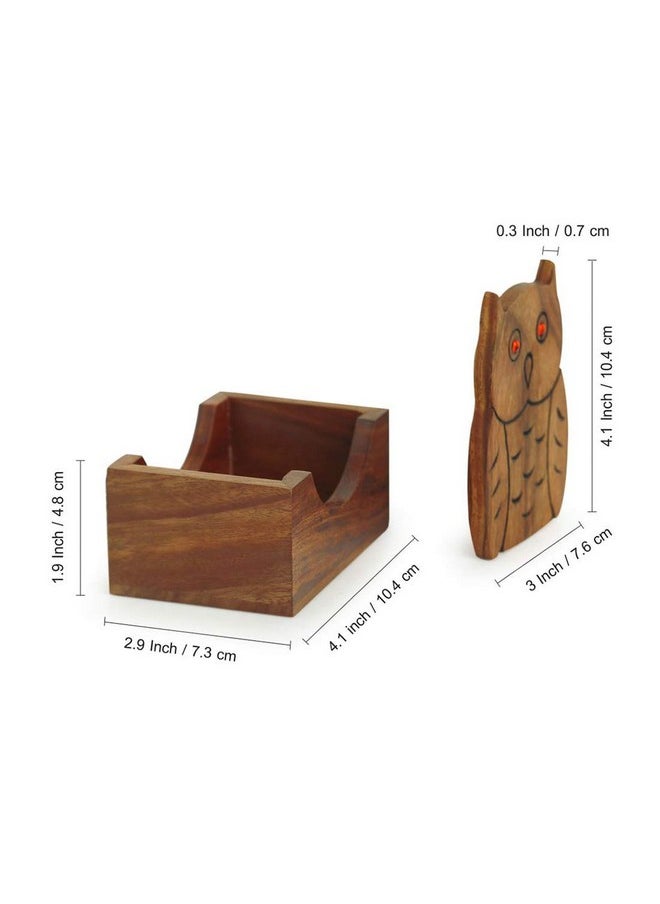 ExclusiveLane 'An Owlsome Day' Décor Wooden Hand Carved Dinning Table Accessories Table Coasters For Home Coffee Tea Coasters With Holder Stand (Set Of 4)