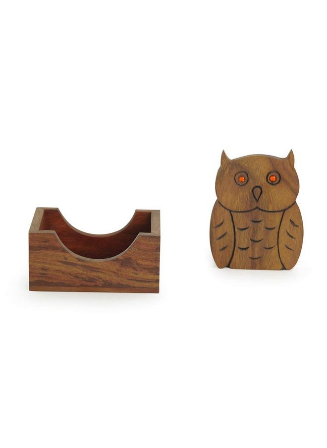 ExclusiveLane 'An Owlsome Day' Décor Wooden Hand Carved Dinning Table Accessories Table Coasters For Home Coffee Tea Coasters With Holder Stand (Set Of 4)