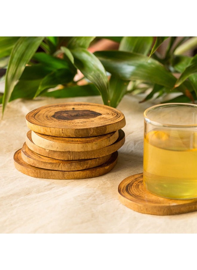 ExclusiveLane 'Circles of Wood' Round Wooden Coasters for Dining Table for Hot Pots (Set of 6, Brown, Mango Wood) | Handcrafted Wooden Coasters Set of 6 Coaster for Hot Pots Tea Coaster for Office