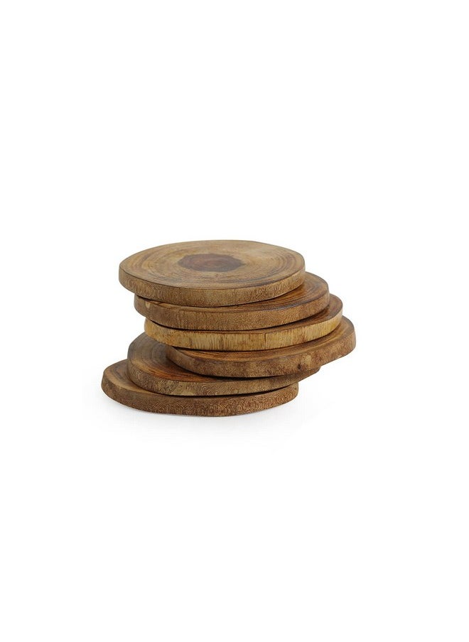 ExclusiveLane 'Circles of Wood' Round Wooden Coasters for Dining Table for Hot Pots (Set of 6, Brown, Mango Wood) | Handcrafted Wooden Coasters Set of 6 Coaster for Hot Pots Tea Coaster for Office