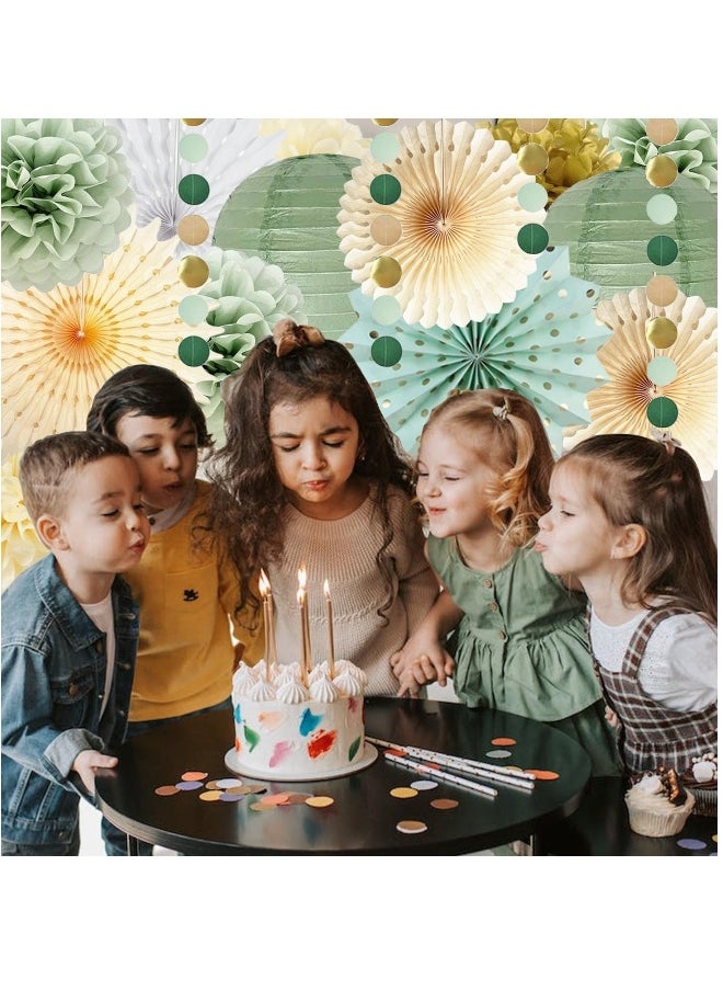 Sage Green Party Decorations, Gold Tissue Paper Pom Poms Paper Fans Olive Sage Gold Circle Dots Garland for Sage Birthday Baby Shower Engagement Bridal Shower Wedding Party Decorations