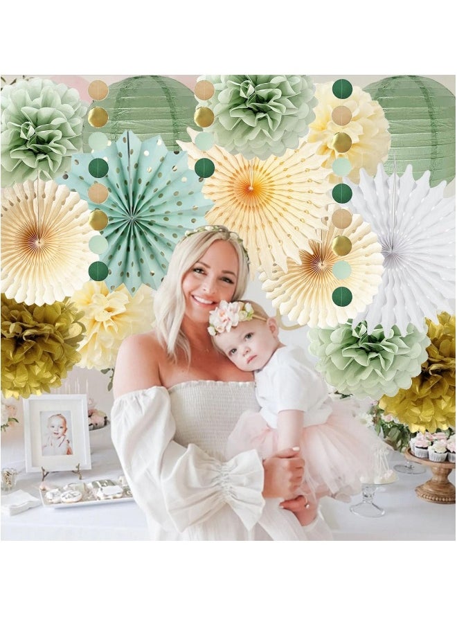 Sage Green Party Decorations, Gold Tissue Paper Pom Poms Paper Fans Olive Sage Gold Circle Dots Garland for Sage Birthday Baby Shower Engagement Bridal Shower Wedding Party Decorations