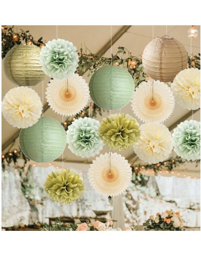 Sage Green Party Decorations, Gold Tissue Paper Pom Poms Paper Fans Olive Sage Gold Circle Dots Garland for Sage Birthday Baby Shower Engagement Bridal Shower Wedding Party Decorations