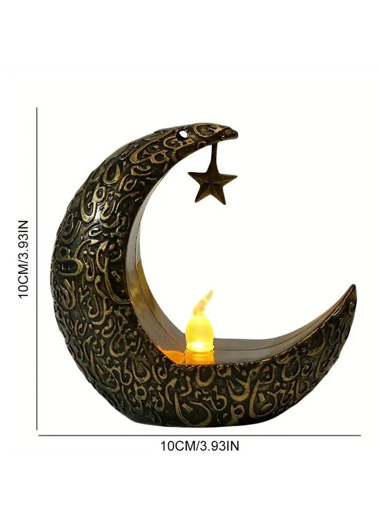 1pc - Vintage Crescent Moon LED Candle Holder with Hanging Star - Decorative Tabletop Night Light for Ramadan, Christmas, Eid, Thanksgiving, and Home Party Decorations