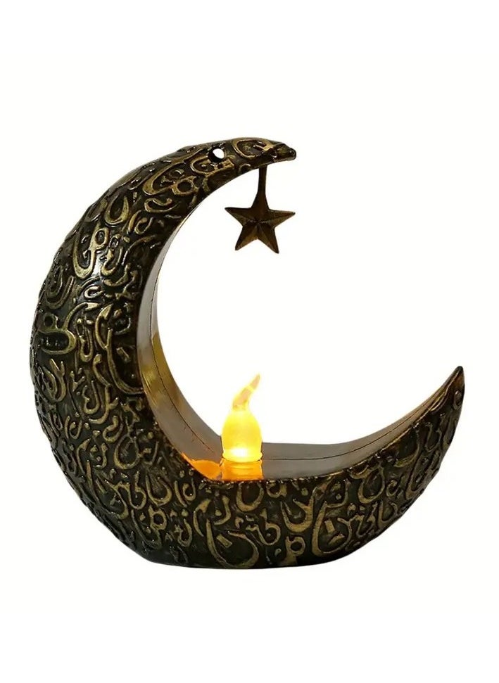 1pc - Vintage Crescent Moon LED Candle Holder with Hanging Star - Decorative Tabletop Night Light for Ramadan, Christmas, Eid, Thanksgiving, and Home Party Decorations