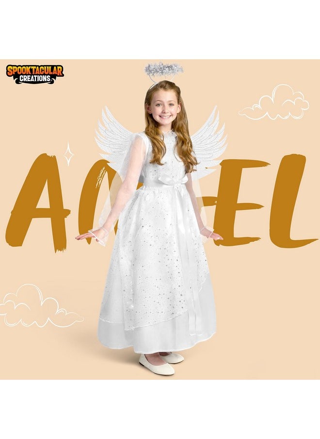 Halloween Angel Costume Girls, Kids Princess Dress Toddlers Tulle Angel Set With Accessories For Halloween Role Play Parties, White, Small(5-7 Yrs)