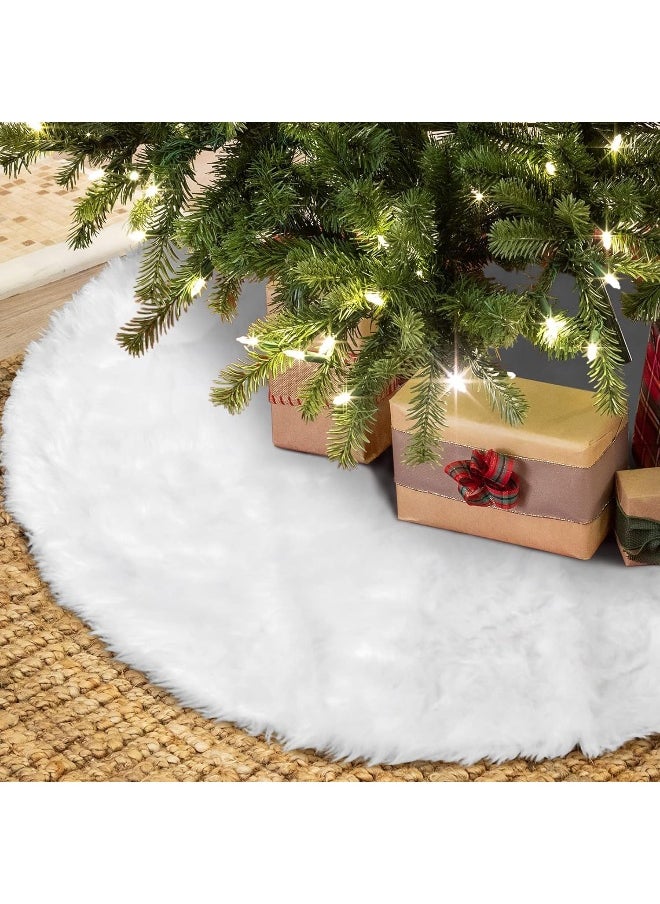 Tree Skirt Luxury Snowy White Faux Fur Xmas Tree Base Cover Mat 35 Inch Tree Skirt Holiday Party Décor for Home Decorations Indoor Snow White