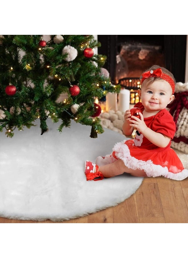 Tree Skirt Luxury Snowy White Faux Fur Xmas Tree Base Cover Mat 35 Inch Tree Skirt Holiday Party Décor for Home Decorations Indoor Snow White