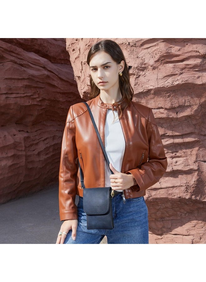 BOSTANTEN Vegan Leather Small Crossbody Bags for Women Designer Cell Phone Bag Wallet Purses Adjustable Strap Navy Blue