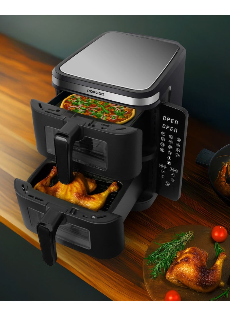 Double Stack Air Fryer 2800W with Info Display & Touch Panel /5.5L+5.5LCapacity/ 12 Presets / Versatile Cooking Functions / High-Efficiency Cooking / Healthier meals - Black