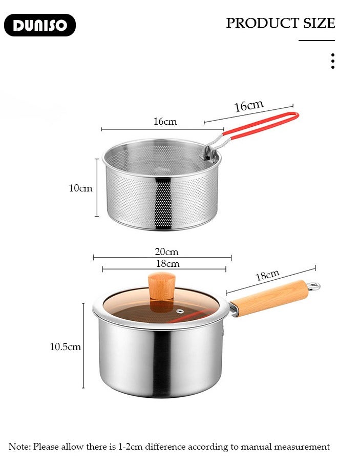Deep Fryer Pot with Fry Basket, Stainless Steel Oil Strainer Pot, Food Cooking Pot With Lid, Deep Fry Pan with Easy Grip Handle for Home Use, Stovetop Fryer with Basket for French Fries, Chicken Wings