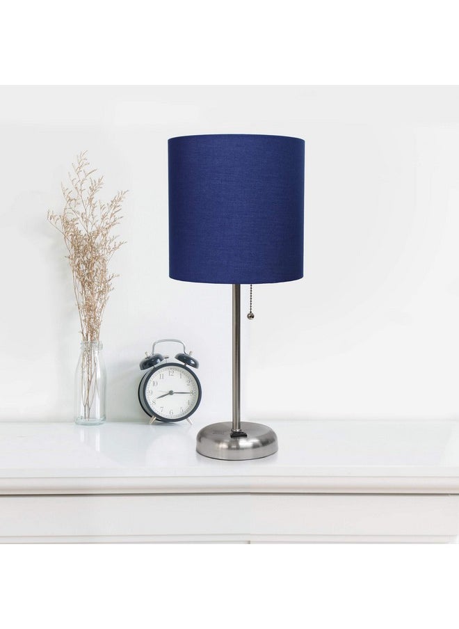 Simple Designs LT2024-NAV Brushed Steel Stick Table Desk Lamp with Charging Outlet and Drum Fabric Shade, Navy Blue Shade