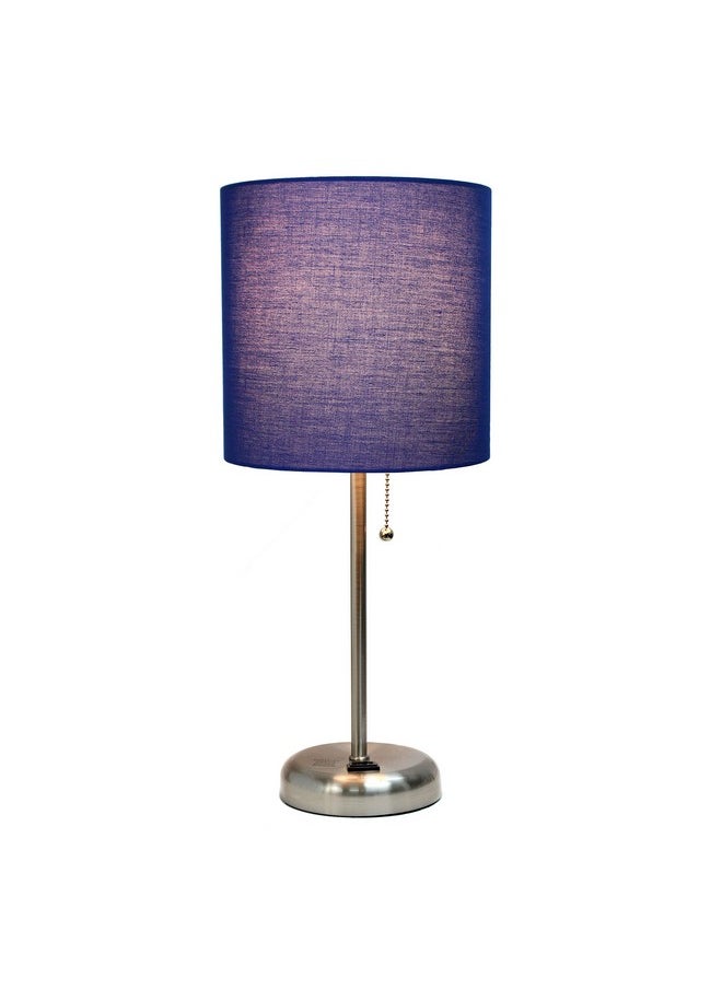 Simple Designs LT2024-NAV Brushed Steel Stick Table Desk Lamp with Charging Outlet and Drum Fabric Shade, Navy Blue Shade