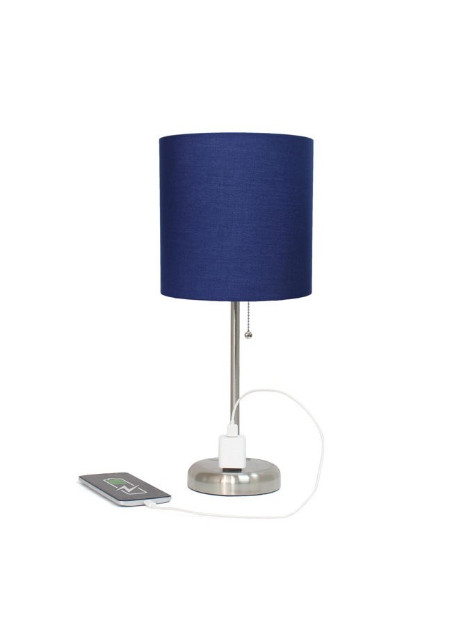 Simple Designs LT2024-NAV Brushed Steel Stick Table Desk Lamp with Charging Outlet and Drum Fabric Shade, Navy Blue Shade