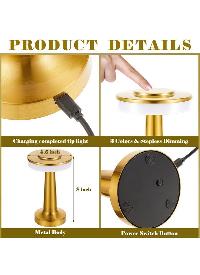 Riakrum Set of 2 LED Portable Metal Table Lamp with Touch Sensor 3 Color Stepless Dimming Nightstand Desk Lamp Rechargeable Battery up to 15 Hours Cordless Lamp Table Light Wireless Lamp (Gold)