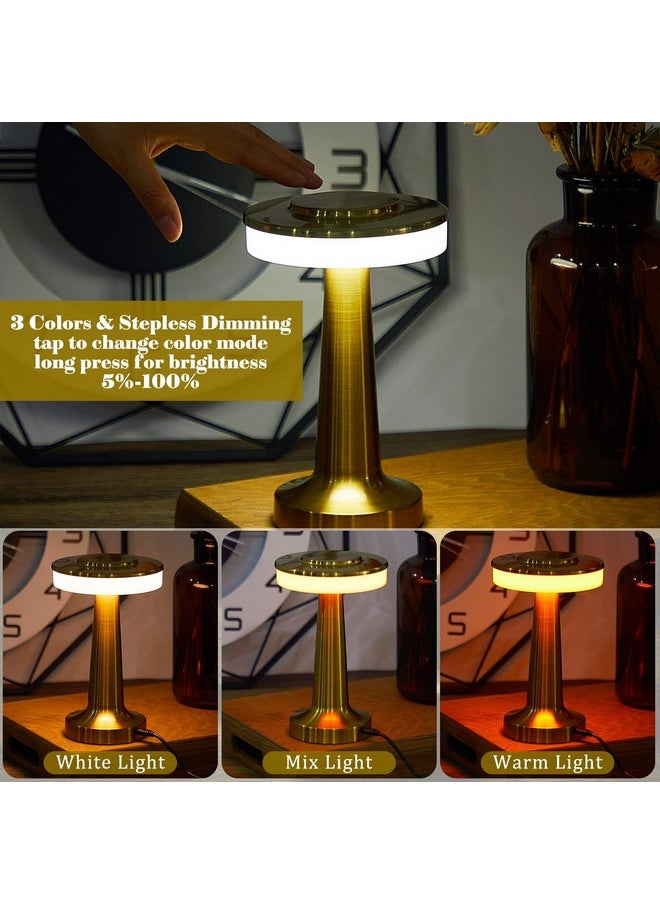 Riakrum Set of 2 LED Portable Metal Table Lamp with Touch Sensor 3 Color Stepless Dimming Nightstand Desk Lamp Rechargeable Battery up to 15 Hours Cordless Lamp Table Light Wireless Lamp (Gold)