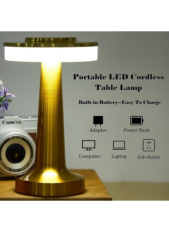 Riakrum Set of 2 LED Portable Metal Table Lamp with Touch Sensor 3 Color Stepless Dimming Nightstand Desk Lamp Rechargeable Battery up to 15 Hours Cordless Lamp Table Light Wireless Lamp (Gold)