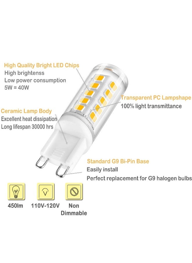 G9 LED Bulb Dual Pin Base 5W, 6000K Replacement 40W Halogen Bulb, White G9 Pendant Base Bulb Flicker Free, Home Lighting Non Dimmable, (5 Pack)