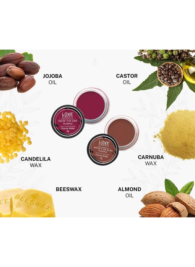 Love Earth Lip Tint & Cheek Tint Multipot Combo (Raspberry Pink & Caramel Brown) with Richness of Jojoba Oil and Vitamin E for Lips, Eyelids and Cheeks