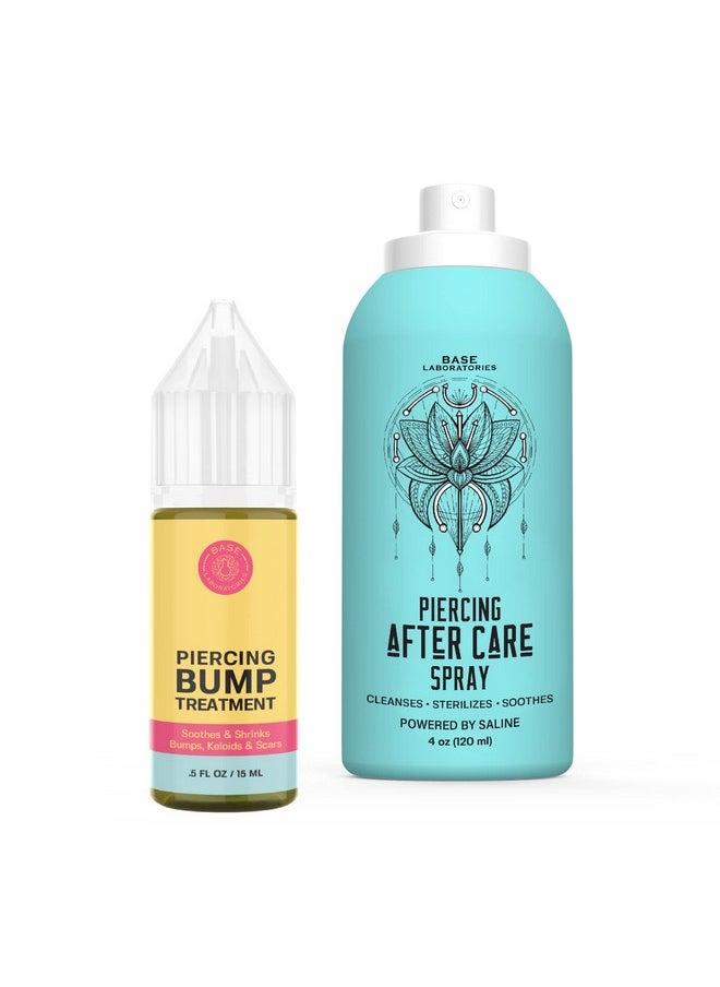 BASE LABORATORIES Piercing Aftercare - Piercing Bump Treatment Kit | Keloid Bump Removal Oil + Piercing Aftercare Spray for Ears, Nose, Body(4oz) | Piercing Cleaner Saline Solution Spray 15ml + 4oz