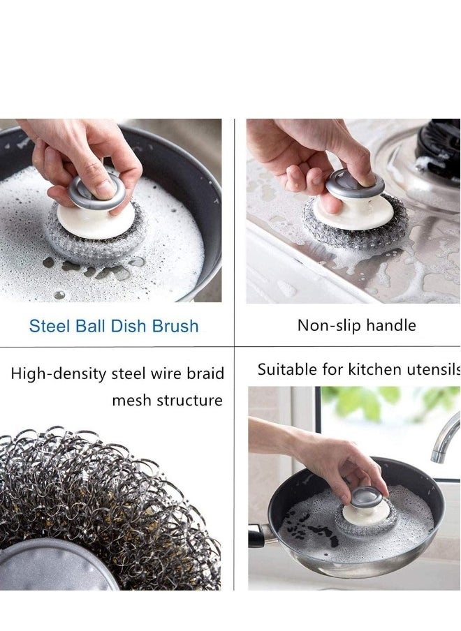 Dish Brush Steel Ball Pot Brush Kitchen Crevice Cleaning Brush with Scraper Bathroom Scrub Brush 5PCS Handle Brushes