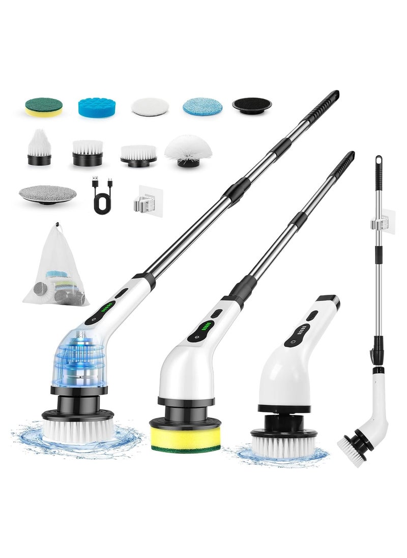 Rechargeable Motorized Rotating Floor Brush, 9 Interchangeable Brush Heads, Rechargeable Powerful Household Cleaning Brush, 3 Adjustable Telescopic Poles, For Bathroom Tubs and Tile Floors