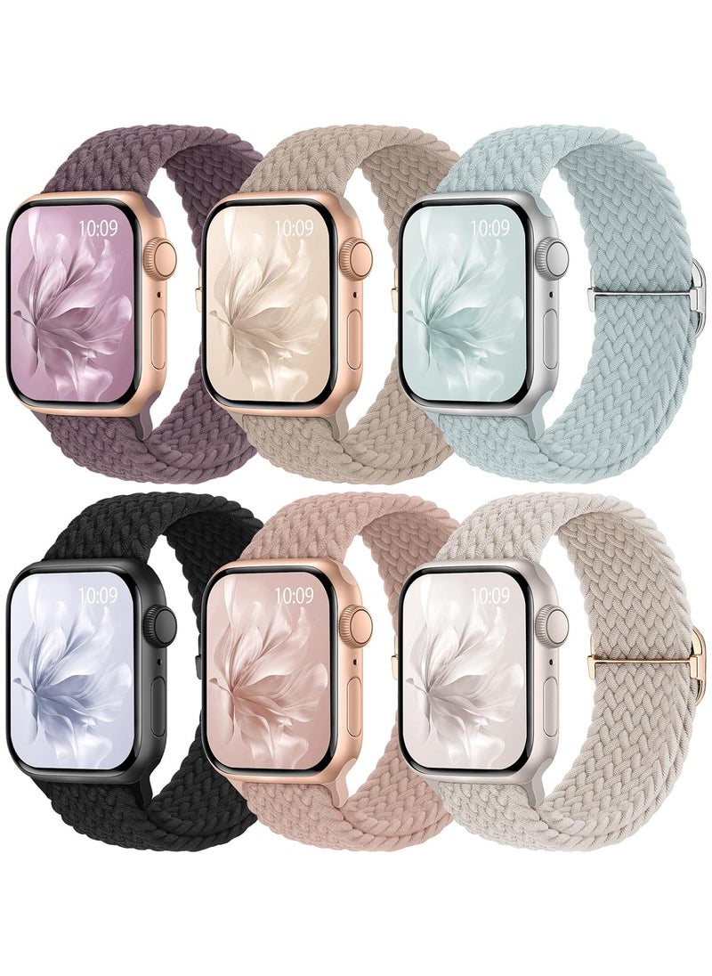 6 Pack Braided Stretchy Bands Compatible with Apple Watch Band 38mm 40mm 41mm 42mm Women Men, Adjustable Nylon Solo Loop Elastic Straps for iWatch Series 10 9 8 7 6 5 4 3 SE Ultra
