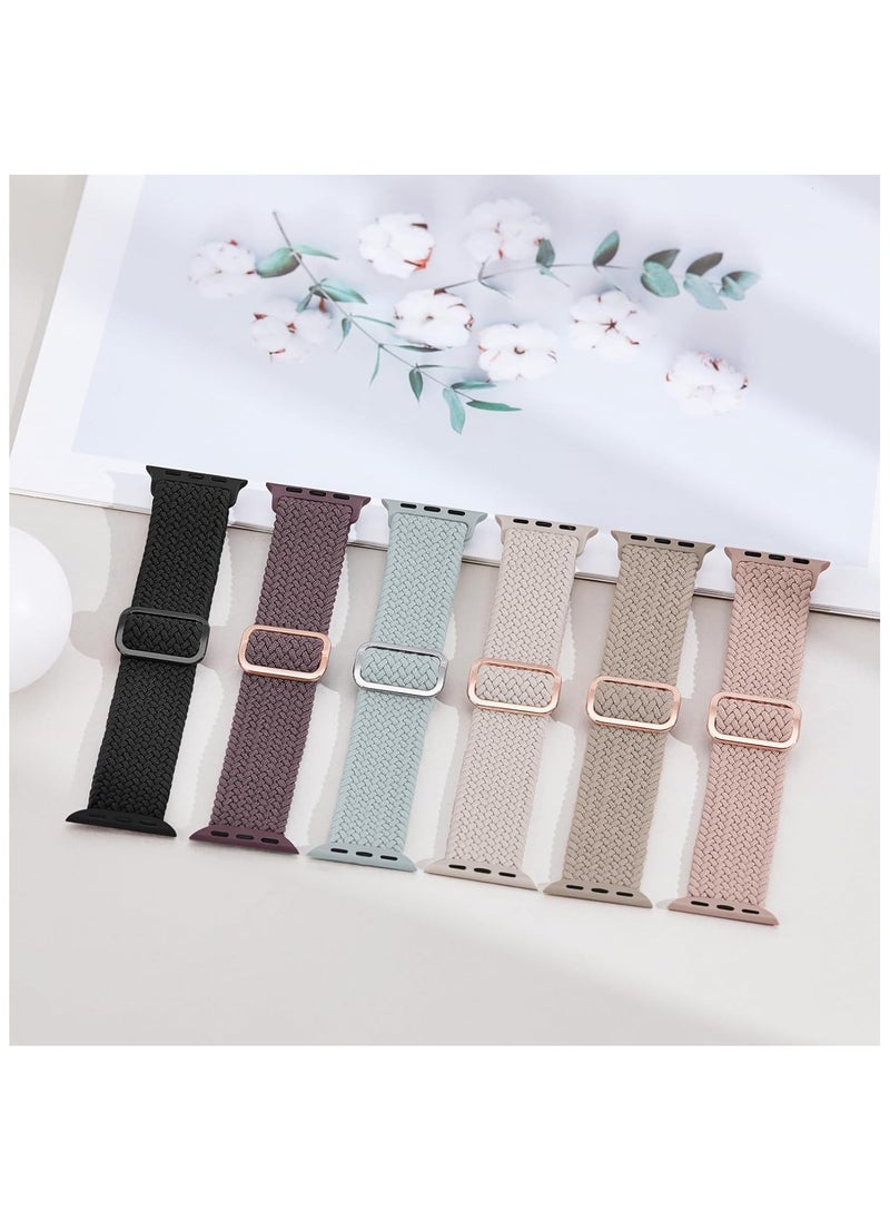 6 Pack Braided Stretchy Bands Compatible with Apple Watch Band 38mm 40mm 41mm 42mm Women Men, Adjustable Nylon Solo Loop Elastic Straps for iWatch Series 10 9 8 7 6 5 4 3 SE Ultra