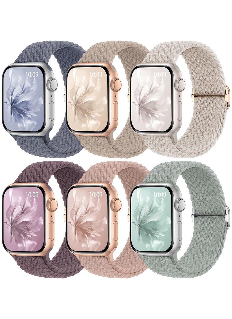 6 Pack Braided Stretchy Bands Compatible with Apple Watch Band 38mm 40mm 41mm 42mm Women Men, Adjustable Nylon Solo Loop Elastic Straps for iWatch Series 10 9 8 7 6 5 4 3 SE Ultra