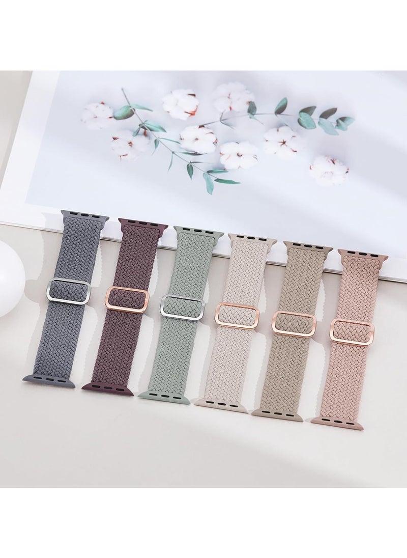6 Pack Braided Stretchy Bands Compatible with Apple Watch Band 38mm 40mm 41mm 42mm Women Men, Adjustable Nylon Solo Loop Elastic Straps for iWatch Series 10 9 8 7 6 5 4 3 SE Ultra