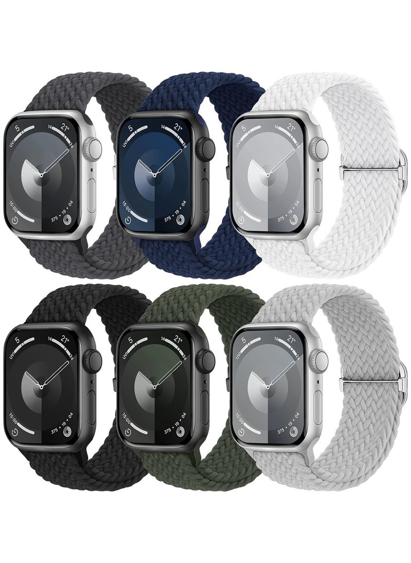 6 Pack Braided Stretchy Bands Compatible with Apple Watch Band 38mm 40mm 41mm 42mm Women Men, Adjustable Nylon Solo Loop Elastic Straps for iWatch Series 10 9 8 7 6 5 4 3 SE Ultra