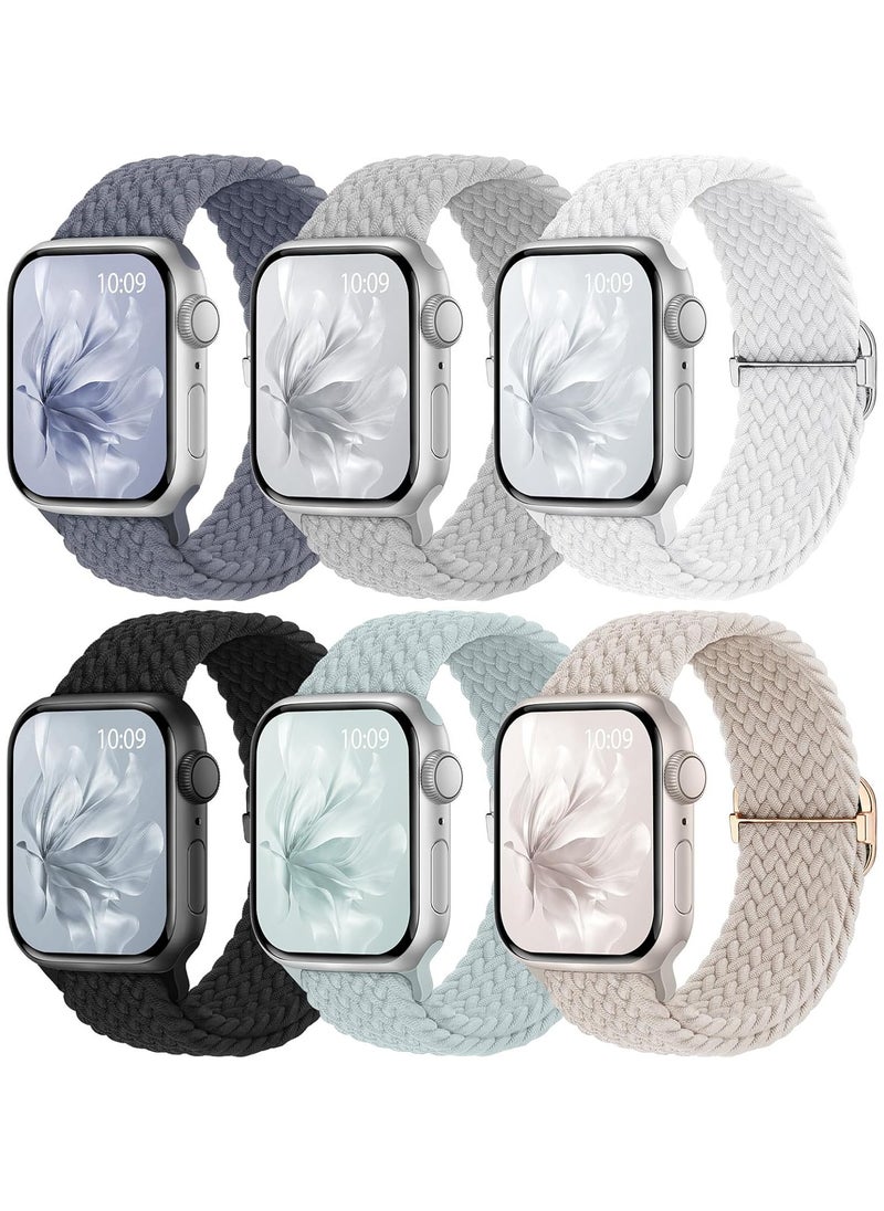 6 Pack Braided Stretchy Bands Compatible with Apple Watch Band 38mm 40mm 41mm 42mm Women Men, Adjustable Nylon Solo Loop Elastic Straps for iWatch Series 10 9 8 7 6 5 4 3 SE Ultra