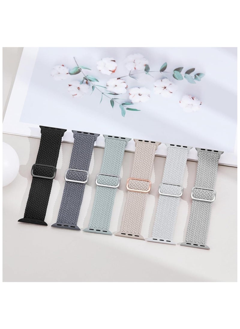 6 Pack Braided Stretchy Bands Compatible with Apple Watch Band 38mm 40mm 41mm 42mm Women Men, Adjustable Nylon Solo Loop Elastic Straps for iWatch Series 10 9 8 7 6 5 4 3 SE Ultra