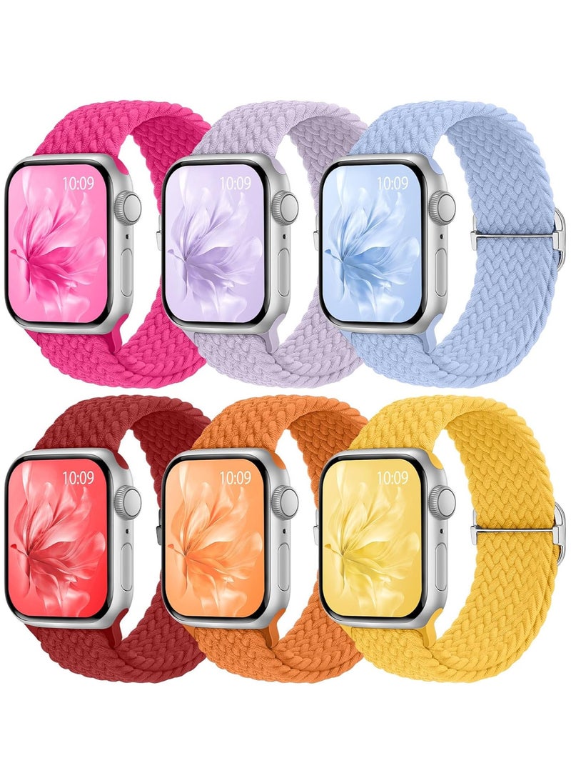 6 Pack Braided Stretchy Bands Compatible with Apple Watch Band 38mm 40mm 41mm 42mm Women Men, Adjustable Nylon Solo Loop Elastic Straps for iWatch Series 10 9 8 7 6 5 4 3 SE Ultra