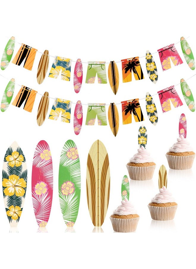 48 Pieces Surfboard Cupcake Toppers and 2 Pieces Surfboard Birthday Garlands Hawaii Banner Surfing Themed Cake Decoration for Summer Beach Luau Birthday Baby Shower Hawaii Themed Party Supplies